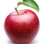 Ripe red apple with a leaf. Isolated on a white background.